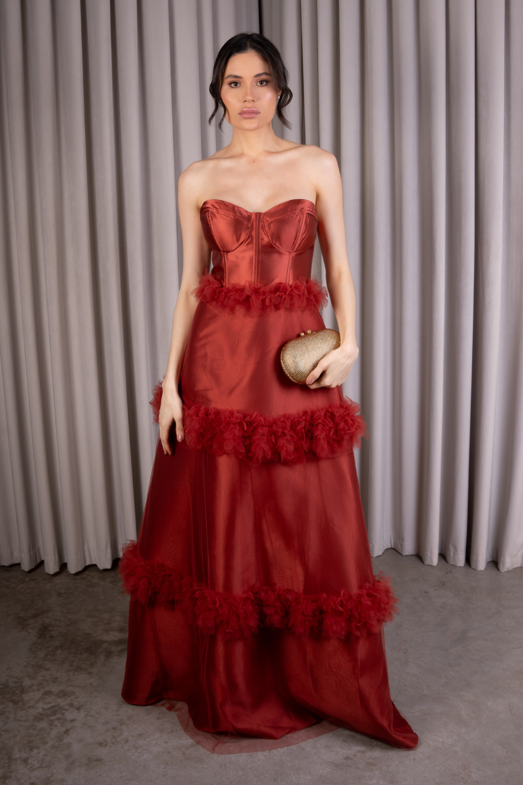 Vestido Terracota Zibelline TQC Com Frufru