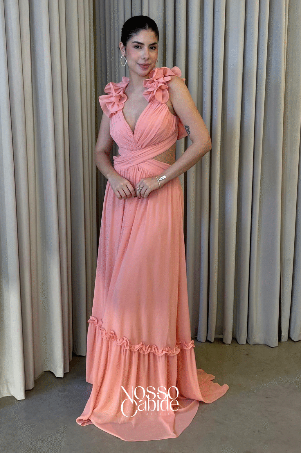 Vestido Chiffon Vazado Lateral Cintura Coral