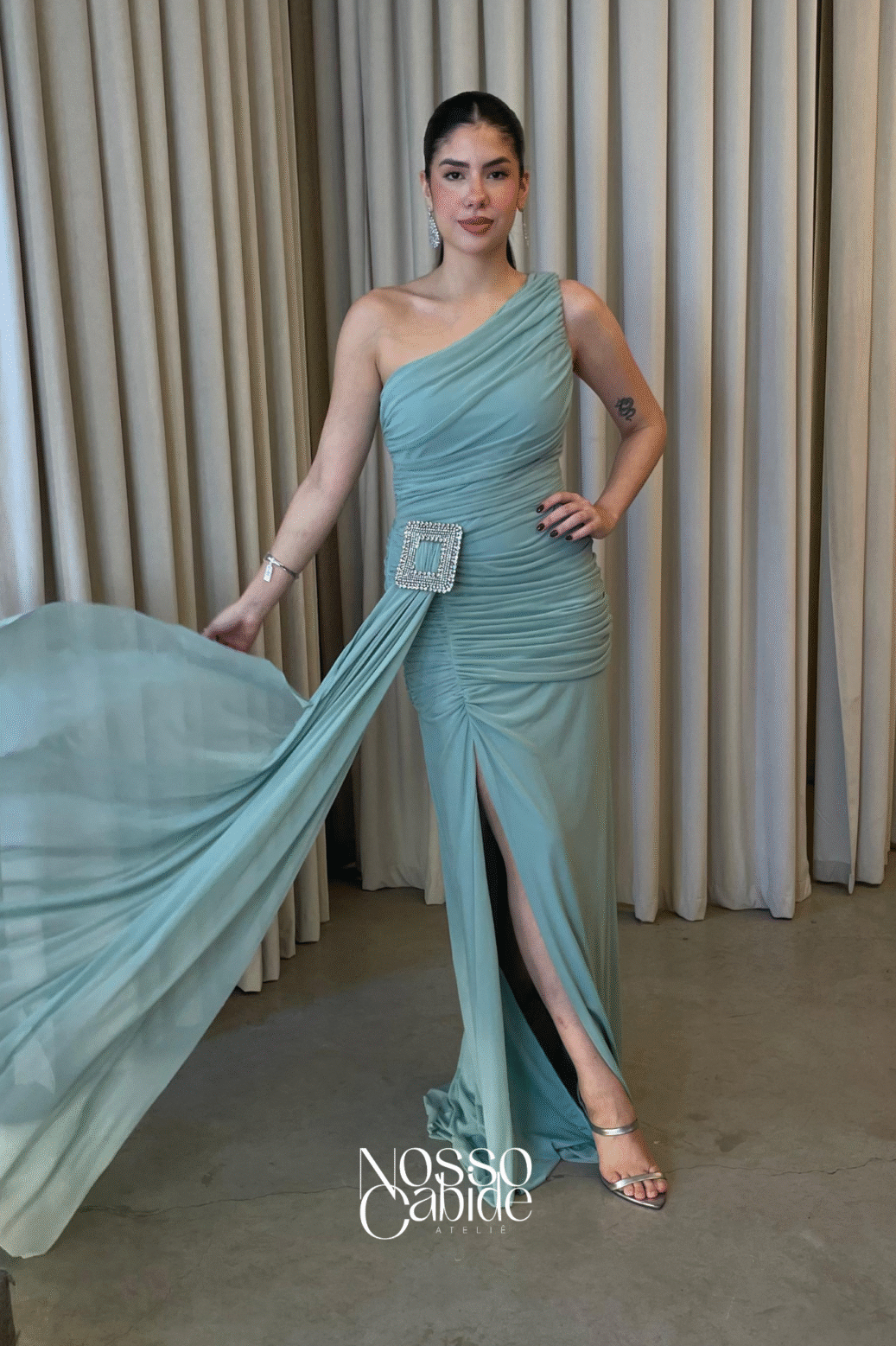 Vestido Tule Uma Alça Verde