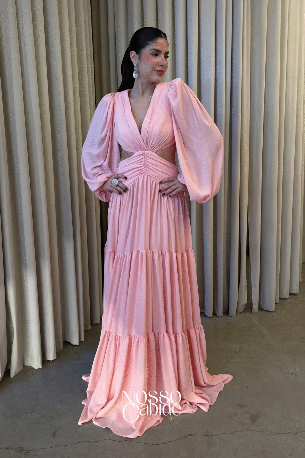 Vestido Chiffon Mangas Rosa