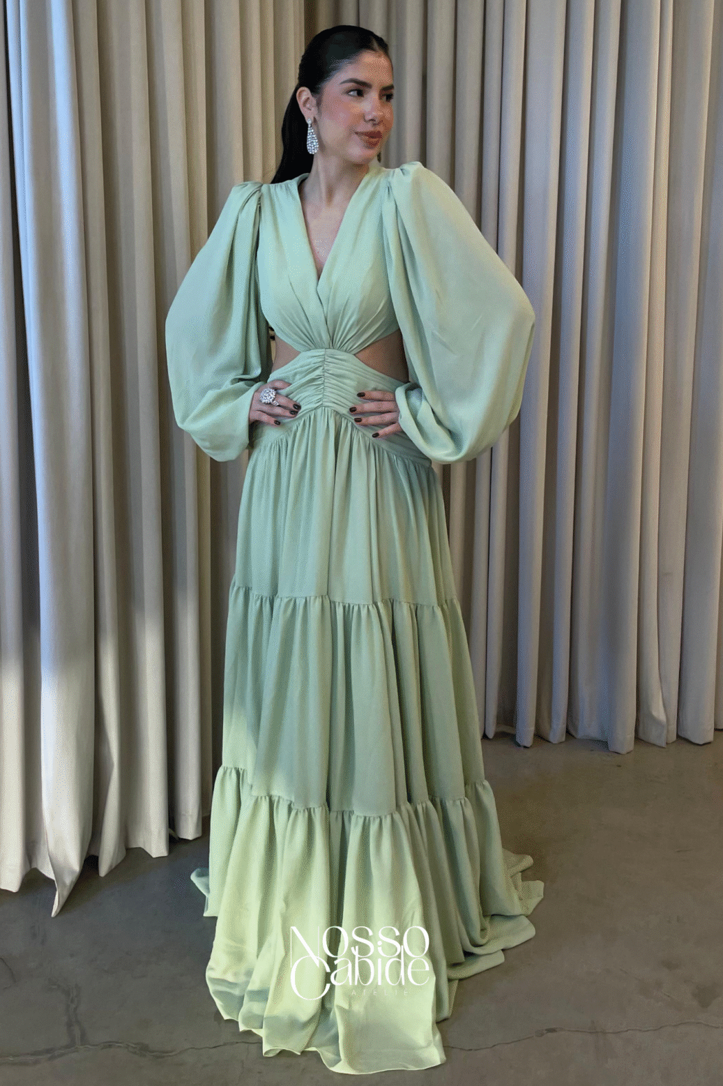 Vestido Chiffon Mangas Verde