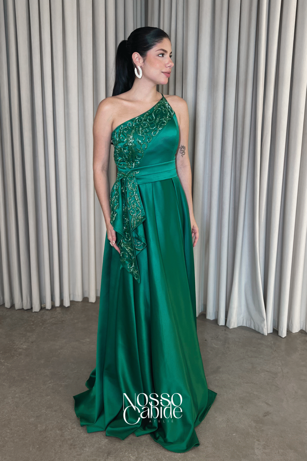 Vestido Zibeline Verde Bordado Laço Bordado